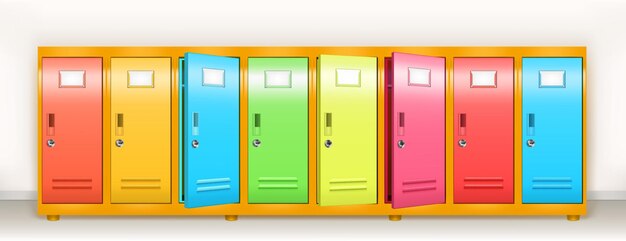 Armários coloridos vetoriais escola ou ginásio vestiário linha de armários de metal de armazenamento multicolorido com ...