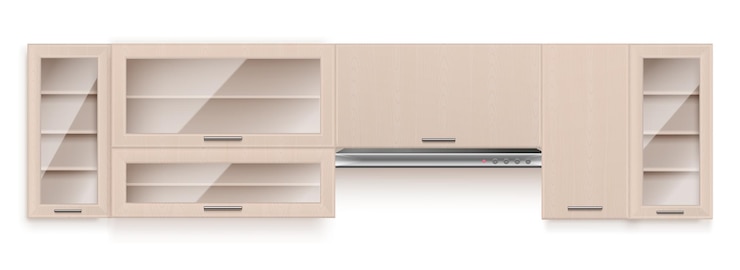 Vetor grátis armários de parede modernos com portas de vidro e exaustor para ilustração vetorial realista de interior de cozinha