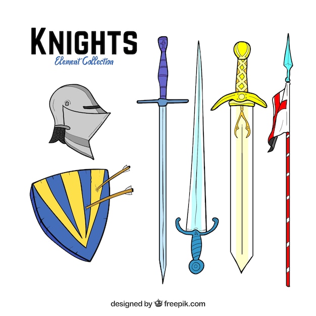 Armas e complementos de cavaleiro desenhados mão