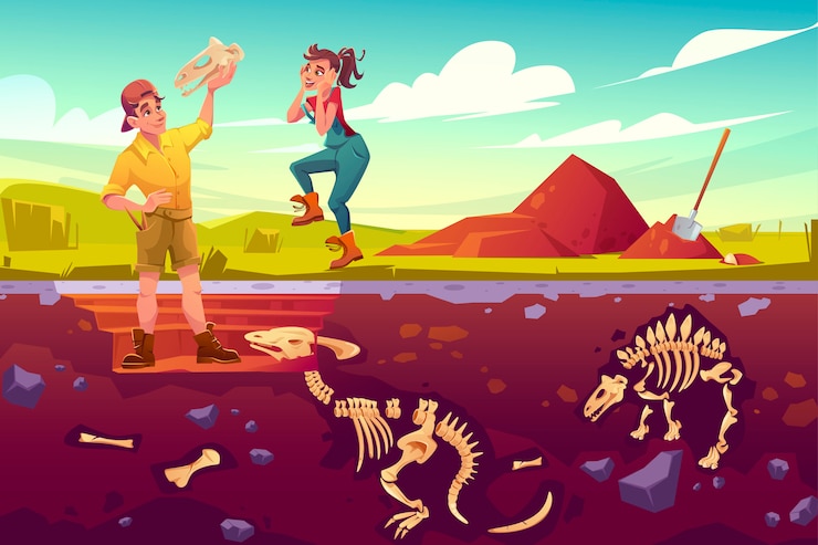 Vetor grátis arqueólogos, paleontologistas, alegram-se por explorar o crânio de dinossauros de artefatos, cientistas trabalhando em escavações cavando camadas de solo estudando ossos de esqueletos fósseis de dino, ilustração vetorial dos desenhos animados