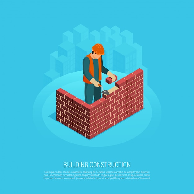 Arquiteto de construtor isométrico com caráter humano de texto editável do trabalhador e imagem de brickwall sob ilustração vetorial de construção