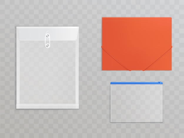 Arquivos de plástico transparentes - conjunto de material de escritório. pastas de celofane com zíper