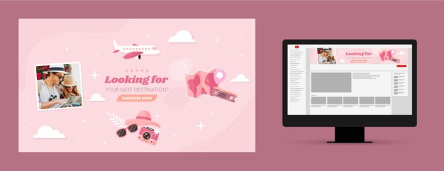 Arte de canal do youtube de agência de viagens de design plano desenhado à mão