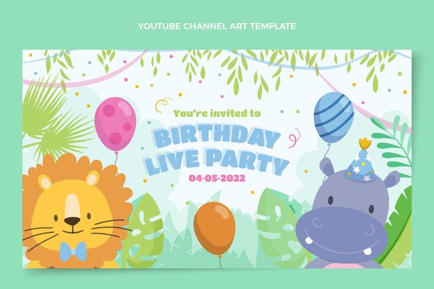 Arte de canal do youtube de festa de aniversário de selva de design plano