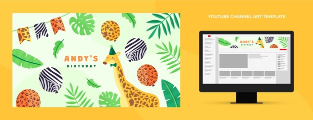 Arte de canal do youtube de festa de aniversário de selva de design plano