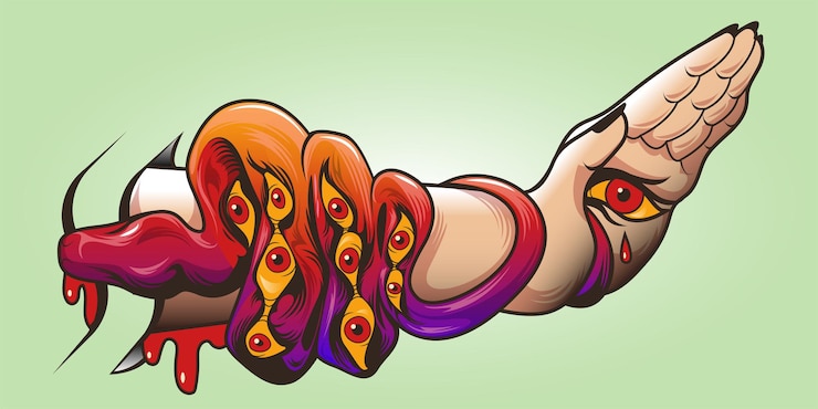 Vetor grátis arte de tatuagem com cobra com padrão de olhos no braço da mulher