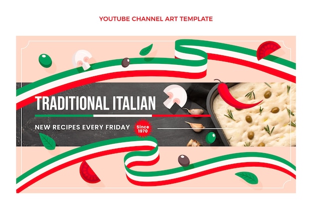 Vetor grátis arte do canal do youtube com comida italiana plana