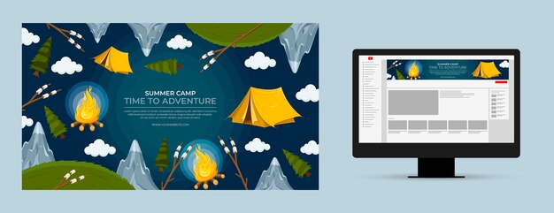 Arte do canal do youtube de acampamento de verão de design plano
