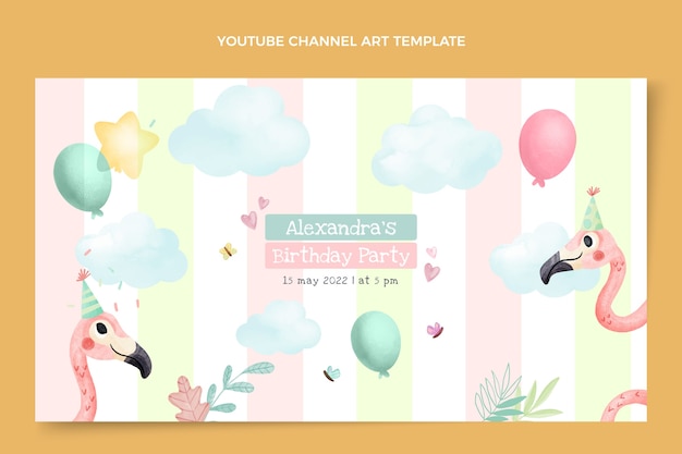 Arte do canal do youtube de aniversário desenhada à mão em aquarela