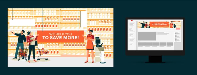 Arte do canal do youtube de supermercado de design plano