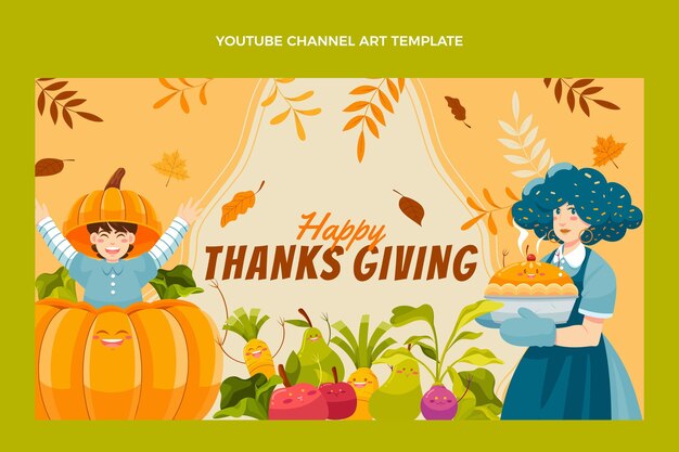 Arte do canal do youtube desenhada à mão e plana de ação de graças