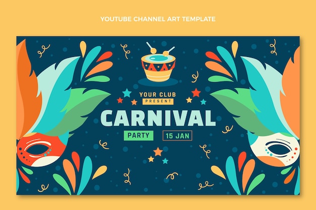 Vetor grátis arte plana do canal do youtube de carnaval