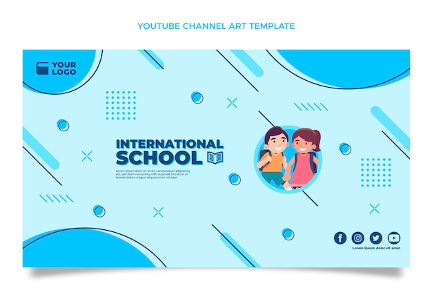 Arte plana e minimalista do canal do youtube para frequentar uma escola internacional
