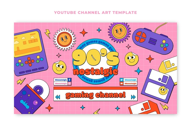 Vetor grátis arte plana nostálgica do canal do youtube dos anos 90 desenhada à mão