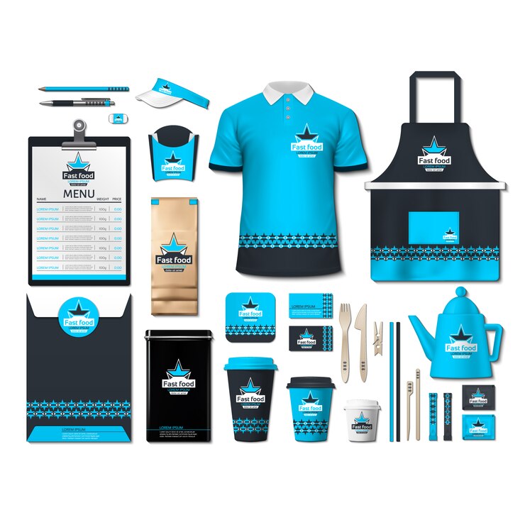 Vetor grátis artigos de papelaria de café com design azul