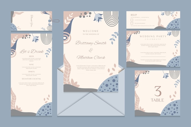 Vetor grátis artigos de papelaria de casamento com menu e rsvp