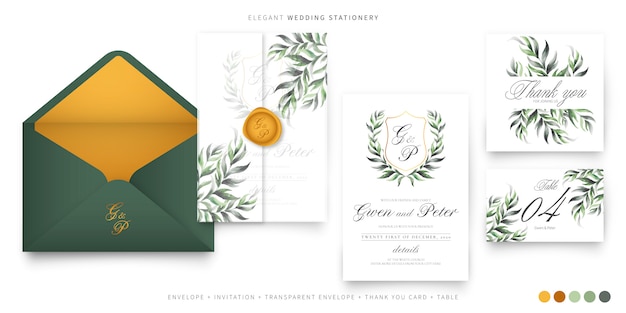 Artigos de papelaria de casamento elegante com emblema de casal