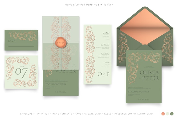 Artigos de papelaria de casamento ornamentais na paleta de cores verde-oliva e cobre