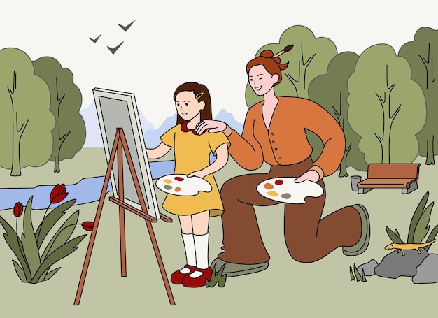 Artista de garota plana estudando pintura com apoio do professor