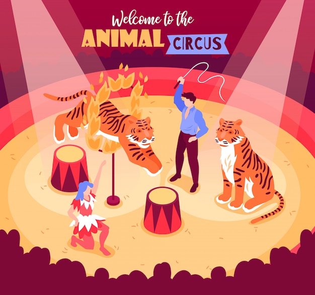 Artistas de circo isométricos mostram composição com animais e artistas na arena com o público