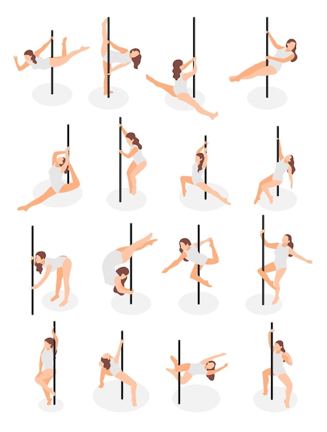Artistas femininas de pole dance em várias posições ícones isométricos definem ilustração vetorial isolada