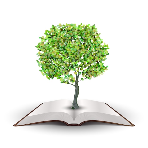 Árvore crescendo a partir de livro aberto. vetor isolado no branco