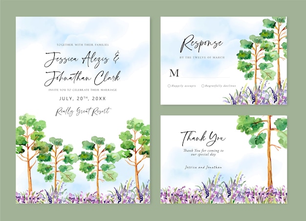Vetor grátis Árvore de aquarela da natureza e cartão de convite de casamento de prado de lavanda