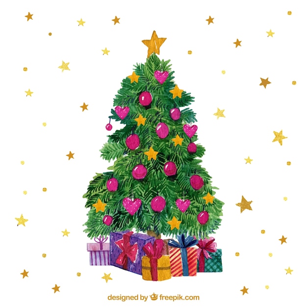 Vetor grátis Árvore de natal de aquarela bonita com baubles cor-de-rosa