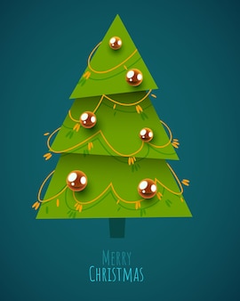 Árvore de natal decorada com guirlandas, bolas e lâmpadas de decoração feliz natal e feliz ano novo