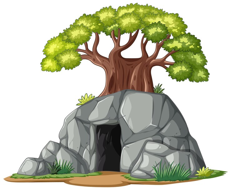 Vetor grátis árvore na entrada da caverna rochosa