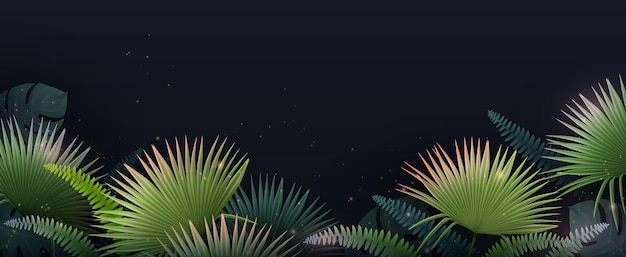 Arvoredo de folhas tropicais realistas com céu noturno escuro brilhando estrelas e luzes na ilustração vetorial de fundo