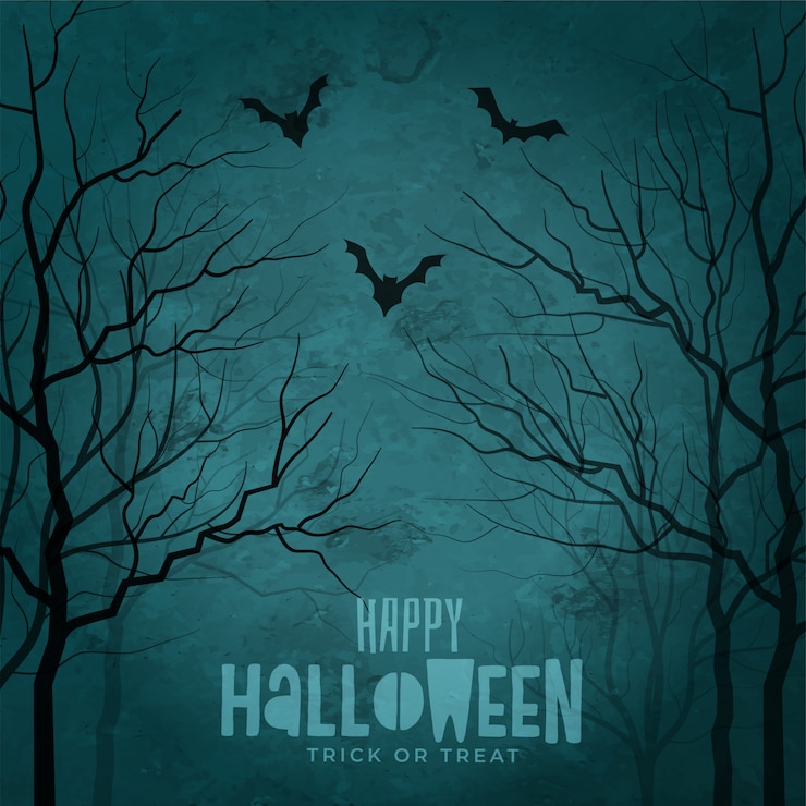 Vetor grátis árvores assustadoras com morcegos voadores halloween