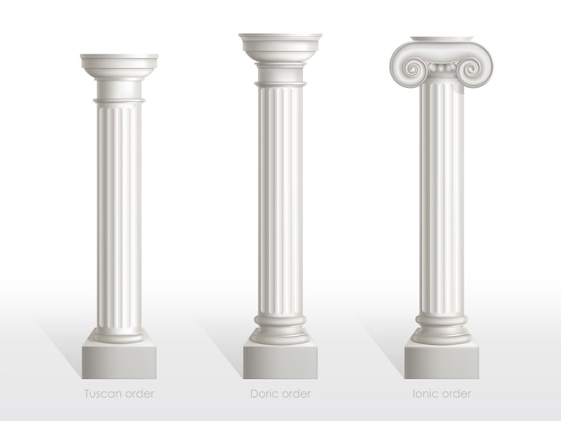 As colunas antigas ajustaram-se da ordem de Tuscan, de Doric e de Ionic isoladas. Clássicos antigos ornamentados pilares da arquitetura romana ou Grécia para decoração de fachada Realista ilustração vetorial 3d