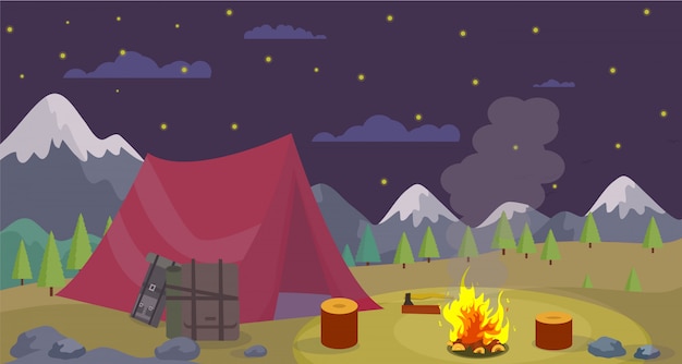 As montanhas de acampamento da noite lisa do vetor queimam a fogueira.