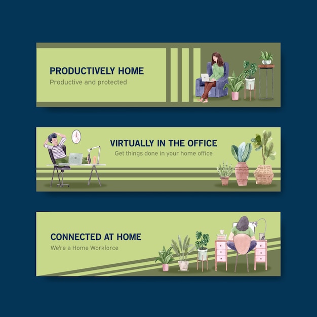 As pessoas estão trabalhando em casa com laptops, pc na mesa, no sofá. escritório em casa banner conceito aquarela ilustração