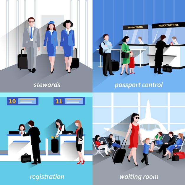 As pessoas no conceito de design do aeroporto definido com controle de passaporte e registro ícones planas