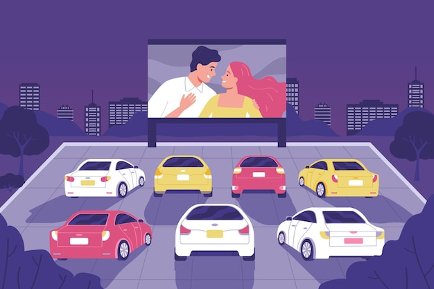 As pessoas se sentam em carros e assistem a filmes em uma ilustração plana de cinema ao ar livre