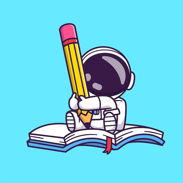 Vetor grátis astroanut bonito escrevendo em livro com lápis desenho animado ícone vetorial ilustração ciência educação plana