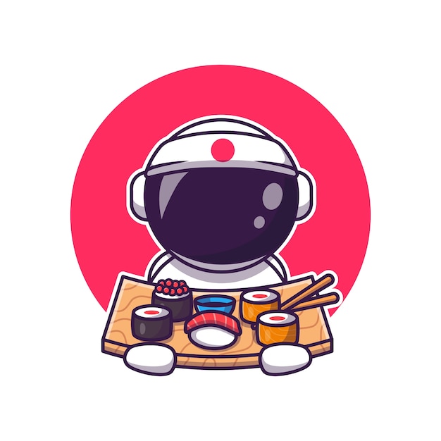 Astronauta bonito comendo sushi cartoon. conceito de ícone de comida de ciência isolado. estilo flat cartoon