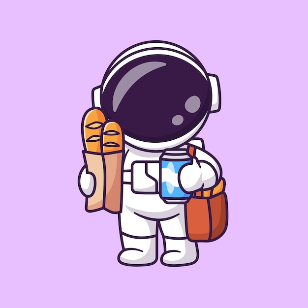 Astronauta bonito compras alimentos cartoon ícone vetorial ilustração ciência ícone de comida isolado plano