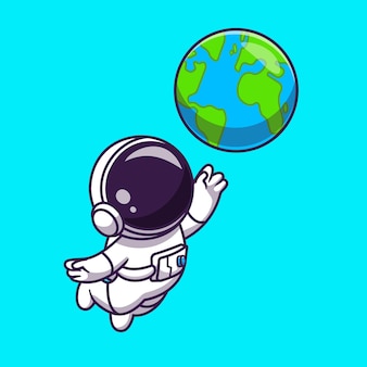 Astronauta bonito flutuando com ilustração do ícone do vetor dos desenhos animados do mundo da terra. conceito de ícone de ciência de tecnologia isolado vetor premium. estilo flat cartoon