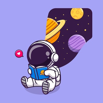 Astronauta bonito lendo livro espaço dos desenhos animados vector icon ilustração. conceito de ícone de educação científica vetor premium isolado. estilo flat cartoon