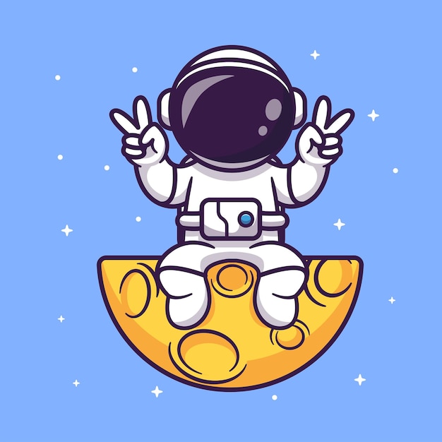 Vetor grátis astronauta bonito sentado na lua com ilustração vetorial de ícone dos desenhos animados da mão da paz ciência tecnologia