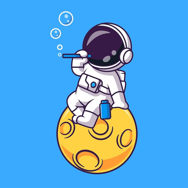 Vetor grátis astronauta bonito soprando bolhas de sabão na ilustração vetorial de ícone dos desenhos animados da lua ciência tecnologia plana