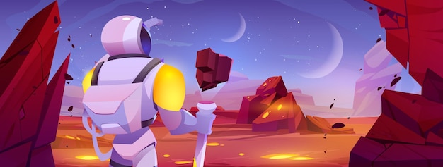 Astronauta de desenho animado em pé no planeta alienígena Ilustração vetorial de desenho animado do personagem explorador do espaço olhando para a paisagem cósmica com pedras rochosas magma amarelo neon brilhando estrelas subterrâneas no céu
