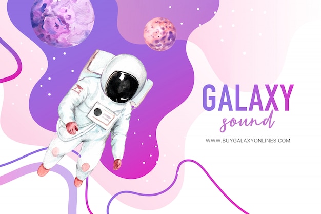 Astronauta de galáxia, ilustração em aquarela de planetas.