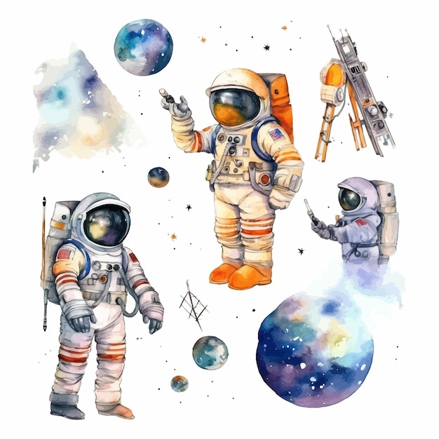 Astronauta e espaço aquarela clipart set fundo branco