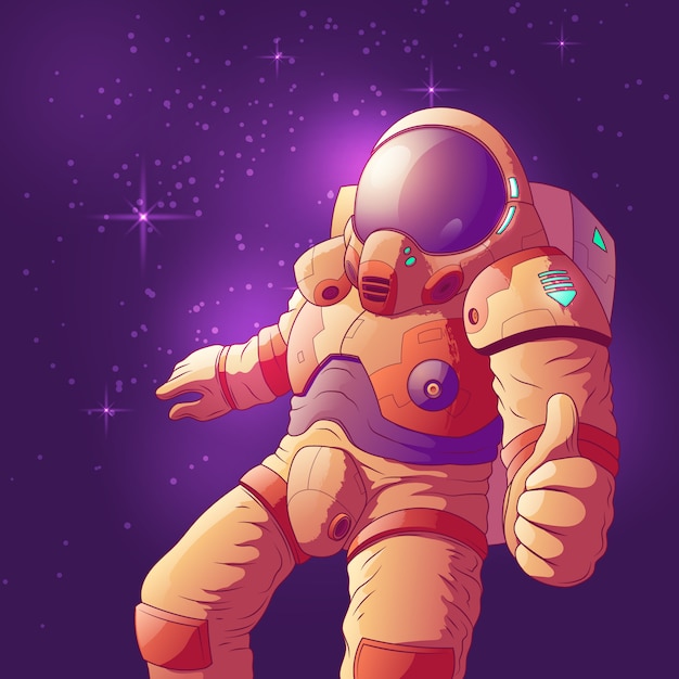 Astronauta em traje espacial futurista mostrando o polegar para cima o sinal de mão