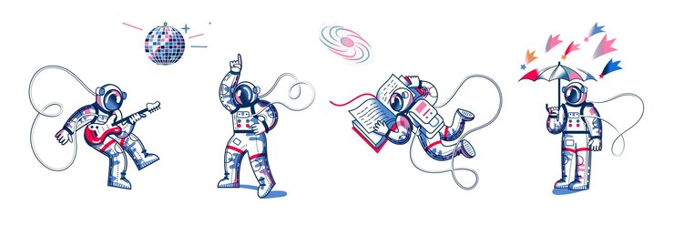Vetor grátis astronauta engraçado no espaço definido homem dançando música disco funky tocando guitarra em pé com guarda-chuva no espaço lendo livro exploração espacial diversão entretenimento
