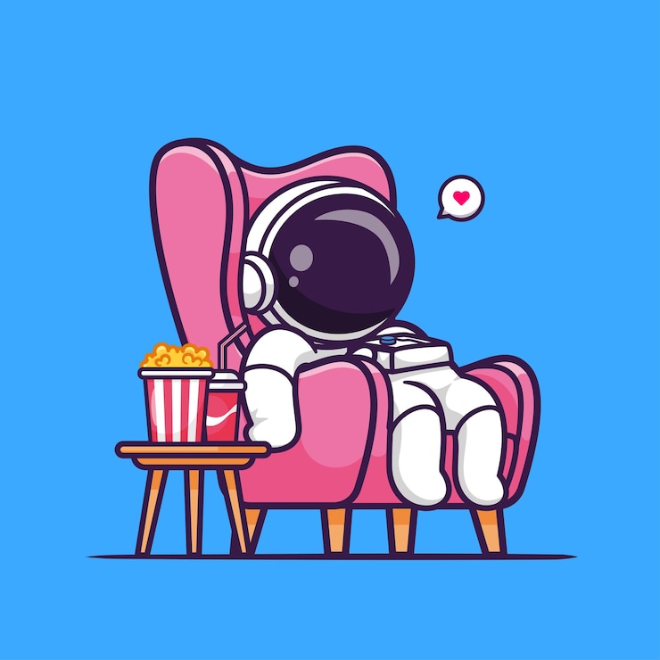 Vetor grátis astronauta fofo assistindo filme com pipoca e refrigerante no sofá desenho animado vetor ícone ilustração plana